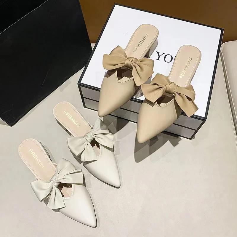 With Bow Low Heel Outside Shoes Khaki Women's Slippers and Ladies Sandals Pointed Toe Slides Mules Korea Style G Luxury H Sandal