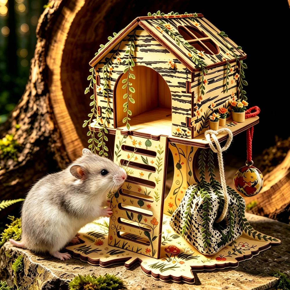 Cadre d'escalade pour hamster en bois massif Maison de voiture avec escaliers et plateforme Nid Clôture pour toutes saisons.