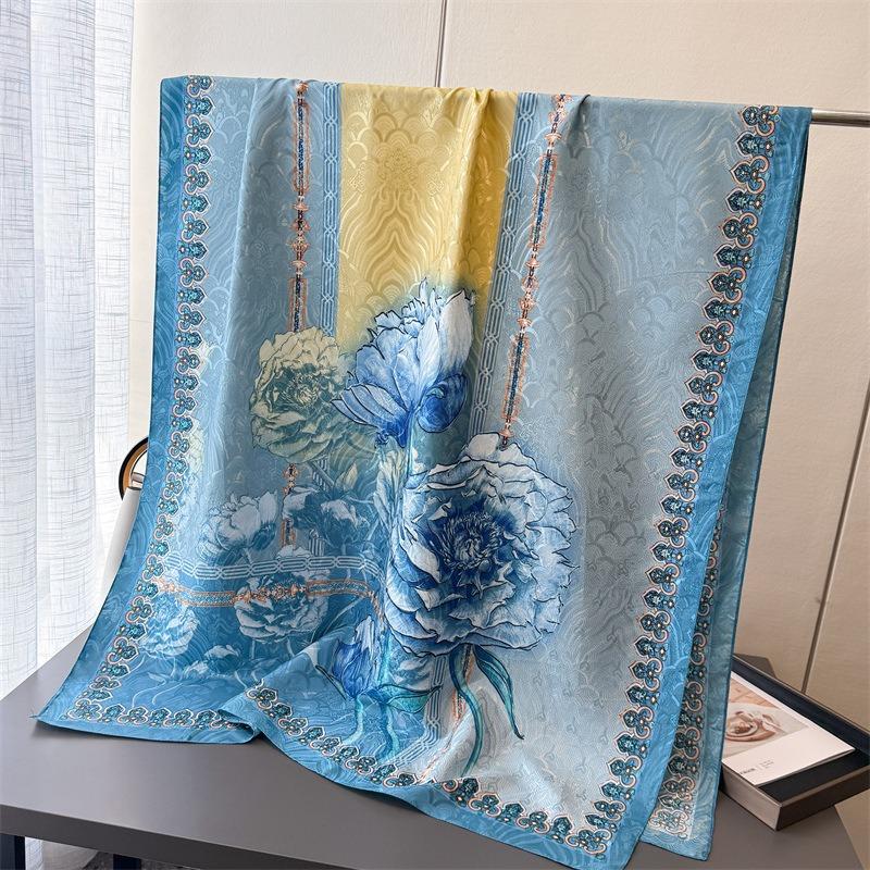 Blue Flower Yayun Printed Fragrant Cloud Yarn Spring and Summer New Silk Scarf Large Long Scarf Travel Shawl Sun Protection Women's Scarf Headscarf