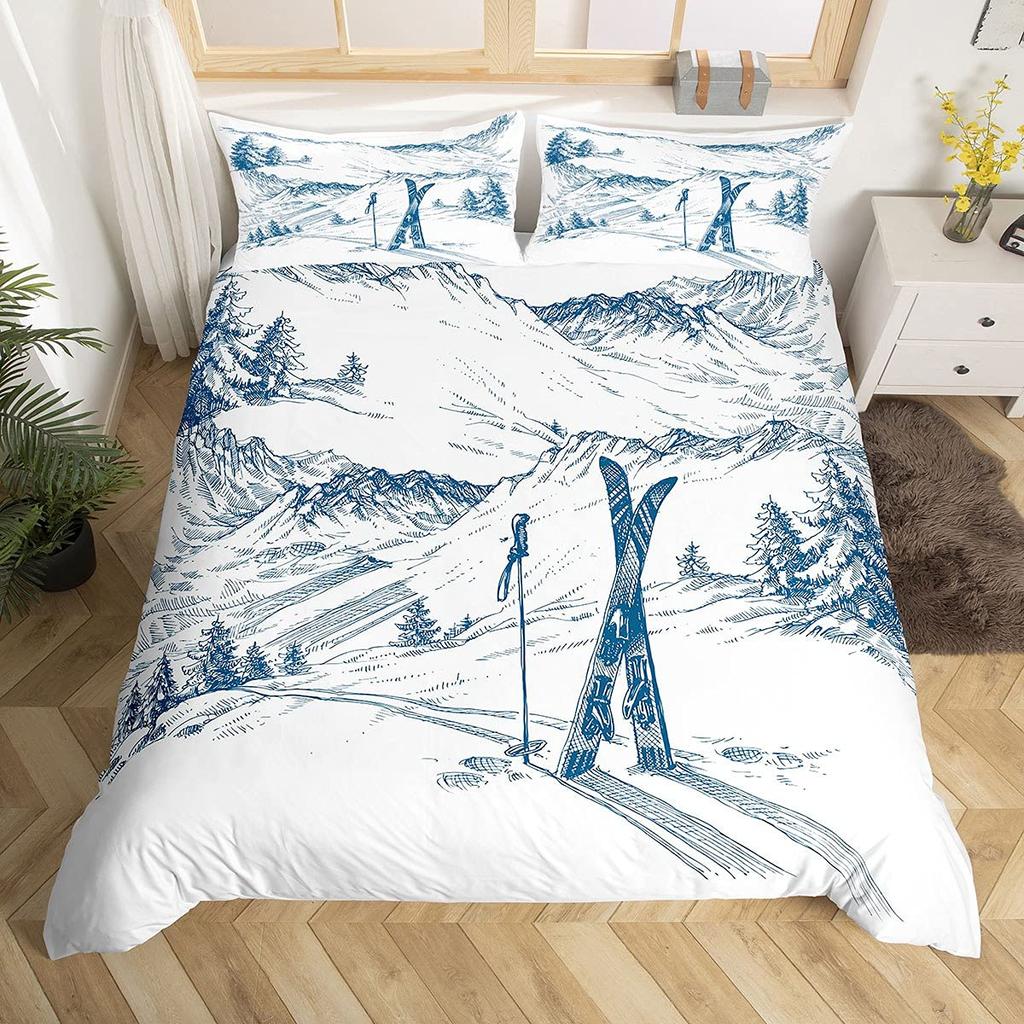 Winter Ski Sports King Queen Duvet Cover Snow Skiing Bedding Set Cartoon High Mountain Landscape 2/3 Pcs Blue White Quilt Cover