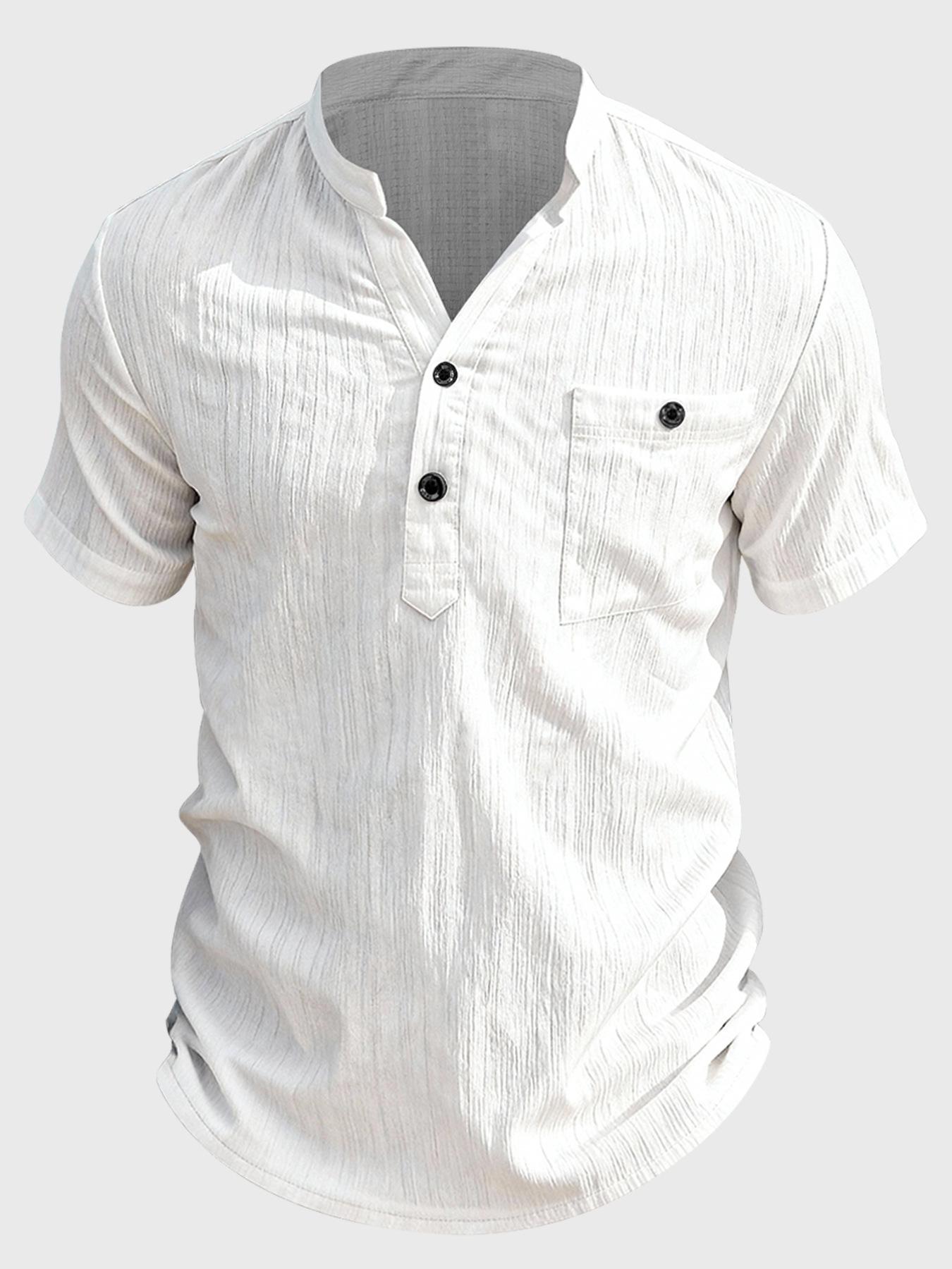 Men S Summer V Neck Short Sleeve Solid Color Casual Shirt S белый