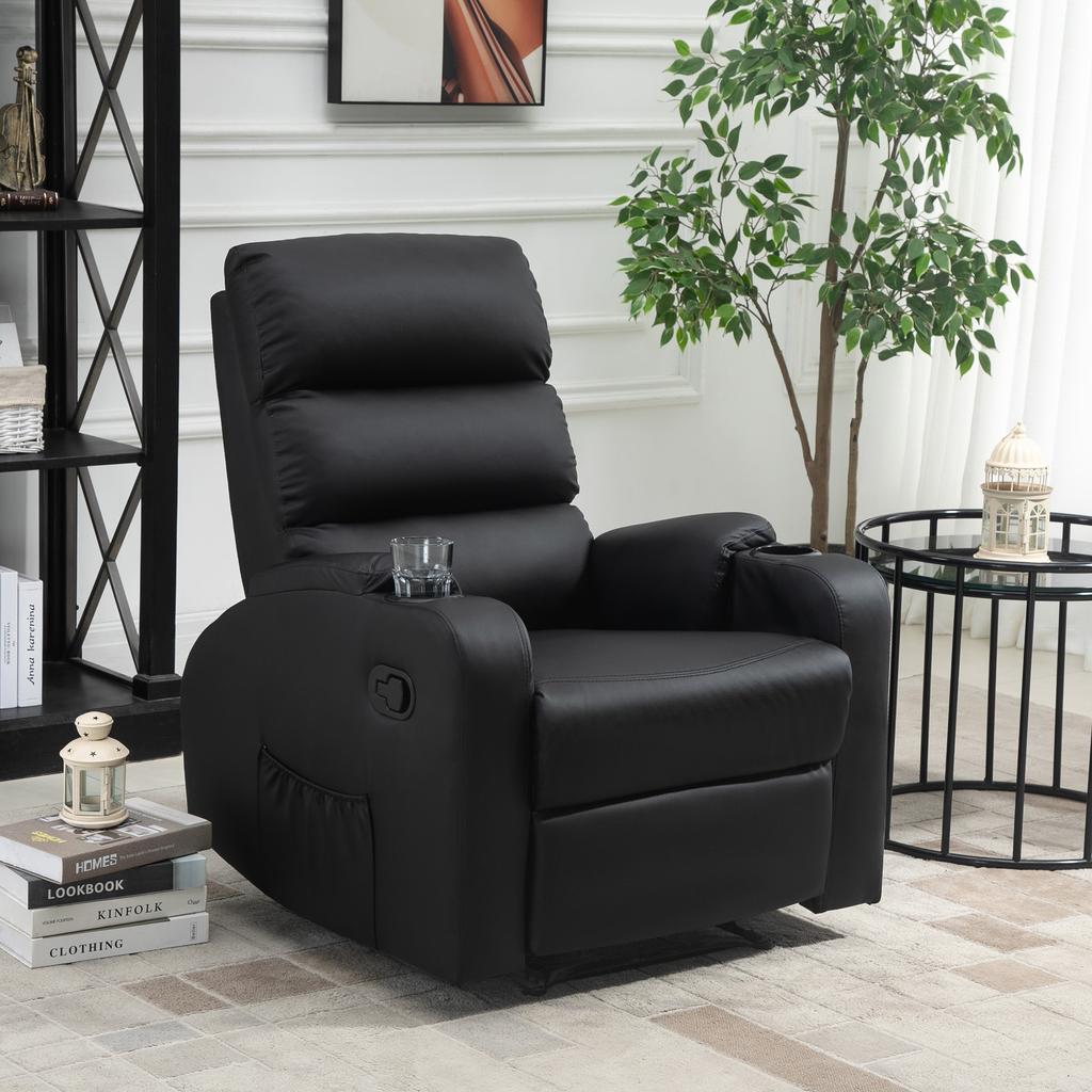 Reclining Relaxation Armchair with Adjustable Footrest, Synthetic Upholstery, Black