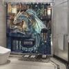 Mystical Dragon Shower Curtain - Blue-Green Scales, Translucent Wings, Illuminated Bookshelf, Warm Ambiance, Water-Resistant