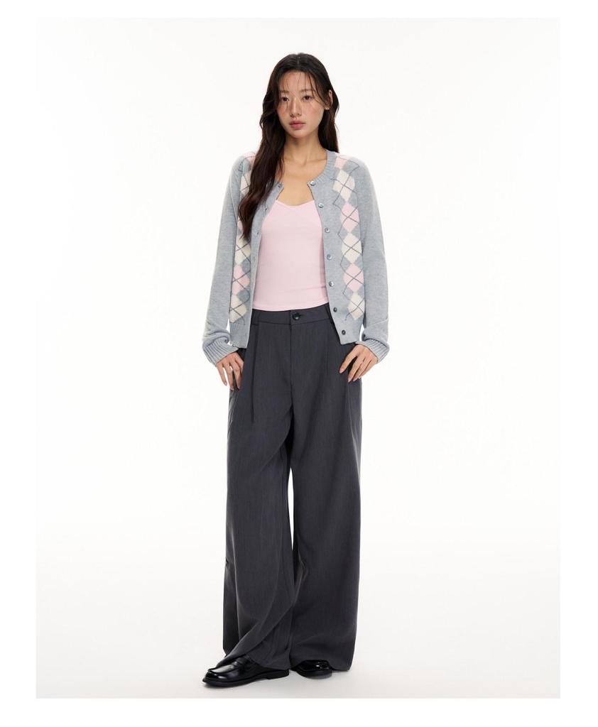 Women's Early Autumn College-Style Knit Cardigan - Color Block Diamond Pattern