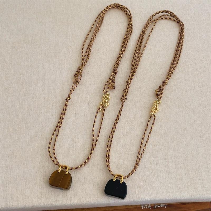 Unique Bohemian Design Handcrafted Rope and Tigers Eye Stone Chokers Bag Necklace Lightweight Comfort for Everyday Wear Gift