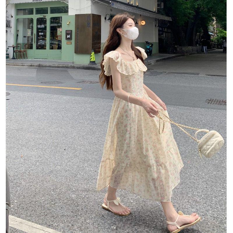 Women's Summer 2024 Embroidered Ruffle Waist-Hugging Petite Dress