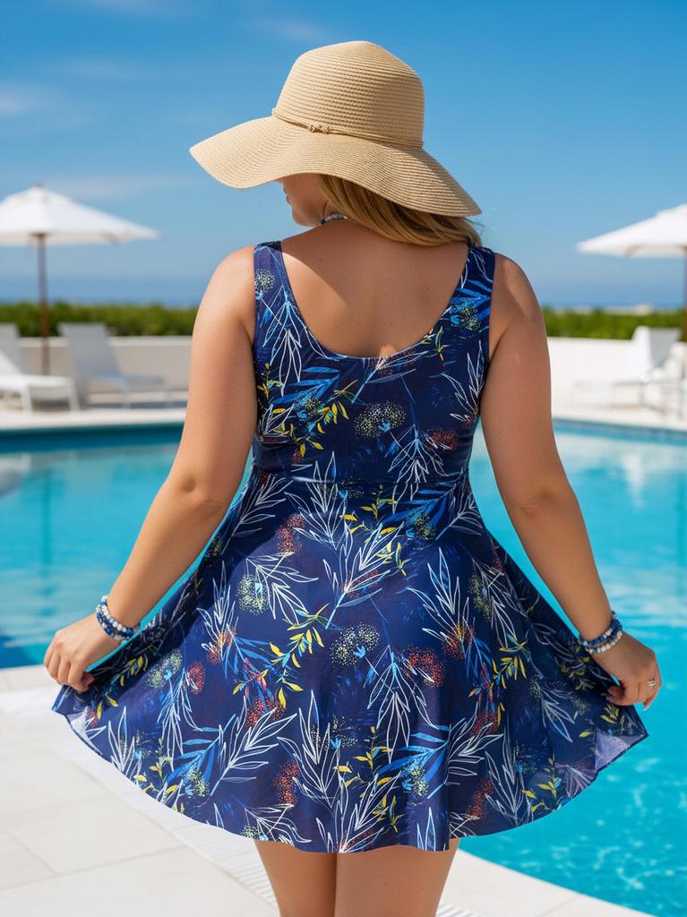 European & American Plus Size Tankini Two-Piece - Fat-Reducing Swim Skirt with Drawstring and Printed Briefs (Dark Blue).
