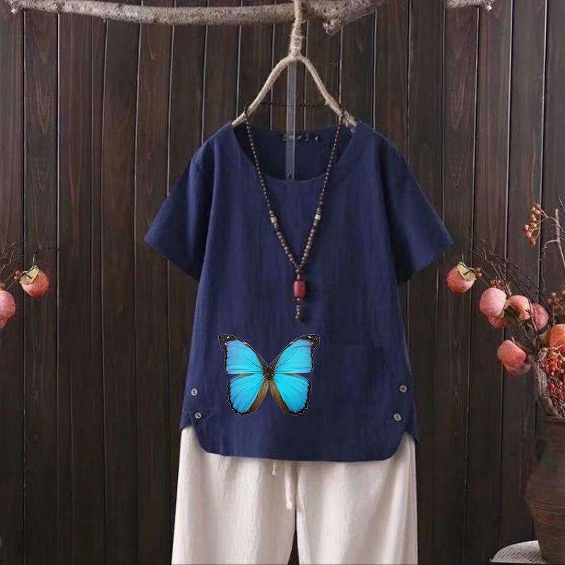 

Летняя женская футболка из хлопка и конопли с V-образным вырезом и принтом бабочек - Модная и удобная 4XL темно-синий