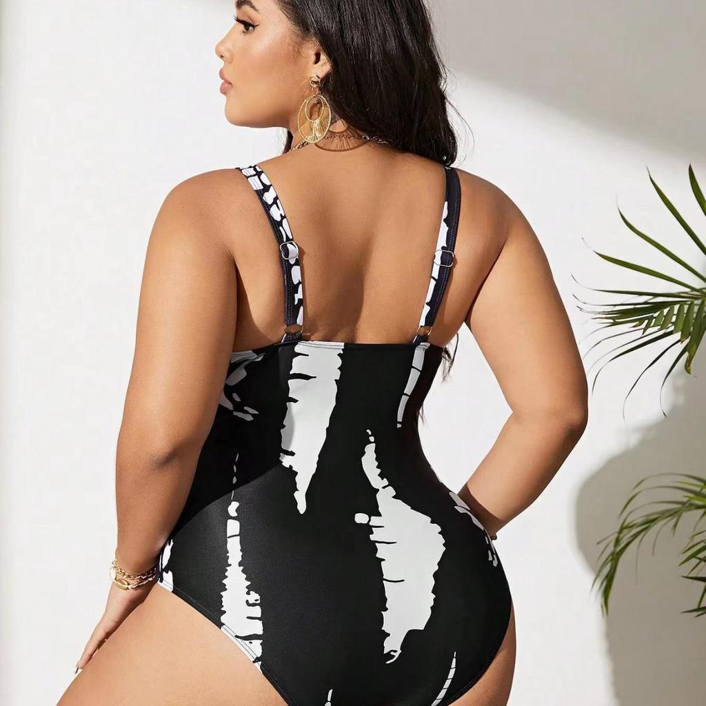 European & American 2024 Plus Size Printed Halter Backless Ruched Bikini for Women