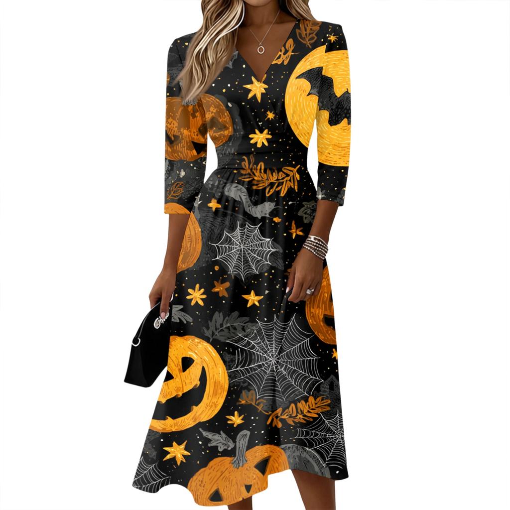 Womens Casual Fashion V Neck Midi Dress Three Quarter Sleeve Back Zipper Halloween Print Dress