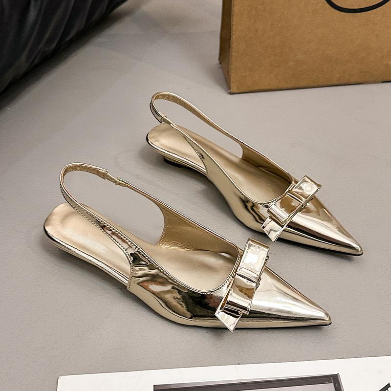 Silver Pointed Bow Wedge Heel Single Shoes Women's Summer 2025 New Cool Slippers Korean Version of Empty Fashion Sandals