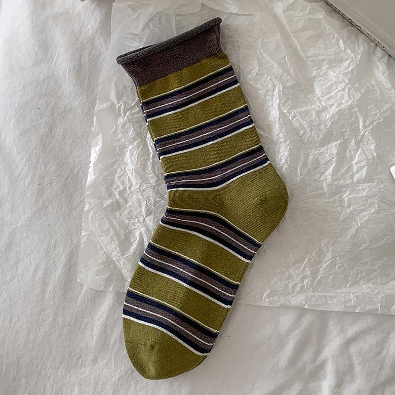 Socks Retro Hong Kong Style Striped Pure Cotton Medium Tube Socks Tide Season Boneless Crimping Color Matching Pile Socks Women