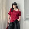 Plus size women clothing [Frill off-the-Shoulder T] Chubby Girl Design Sense Short sleeve T-shirt Summer All-Match Belly Covering Slimming Top