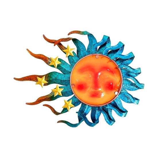 Pièces d'art murales pour véranda Vitrail Visage Solaire Art Métallique, Fer Forgé avec Étoiles Jaunes Décor Suspendu Fait Main, Sculpture Résistante aux Intempéries pour