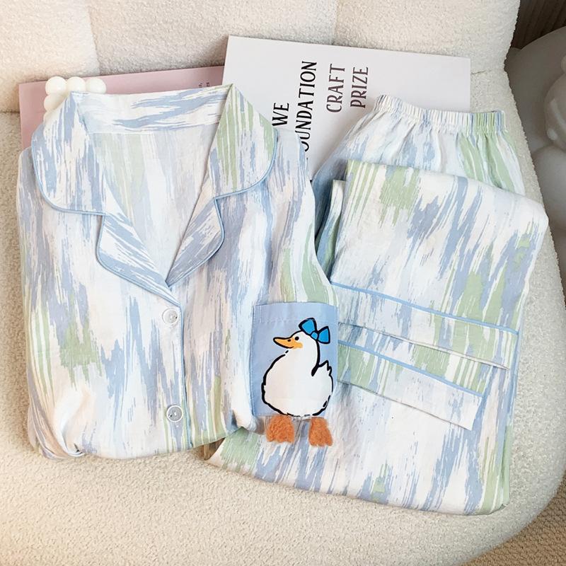 Pyjama Damen Frühling und Herbst Ente Neu Herbst Wolkenbaumwolle Langarm Hose Student Loungewear Set Echte Aufnahme