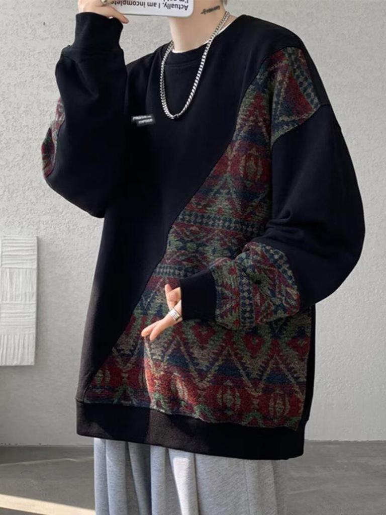 Men's Plus Size Autumn Patchwork Hoodie: Ethnic Style, Round Neck, Long Sleeve, Loose Fit, Casual Versatile Pullover.