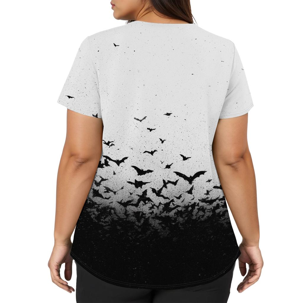 Women's V-Neck Short Sleeve Scrub Top with Pockets Halloween Print for Work