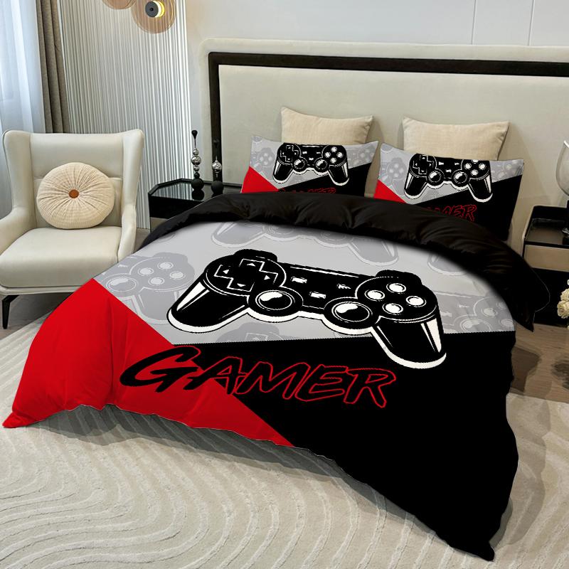 3-delige Splicing Game Console Bedding Cover Rood Zwart Blauw Zwart 100%Polyester 1 Dekbedovertrek 2 Kussenslopen Digitaal Printen Zonder vulling
