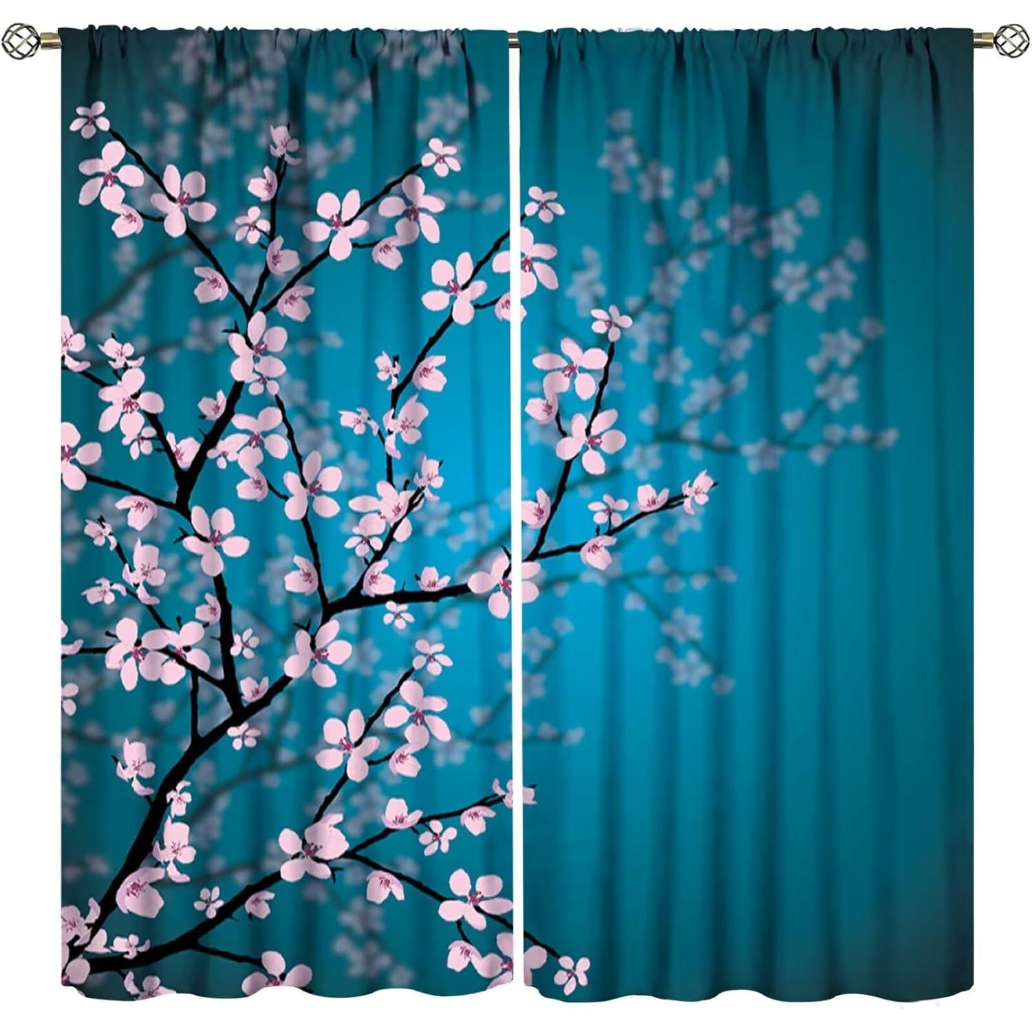 

Floral Curtain Spring Romantic Pink Cherry Blossom Print Curtains Girls Women Bedroom Living Room Kitchen Decor With Light Blocking Polyester Perfect W100*H130(CM)-Rod Pocket&2PCS