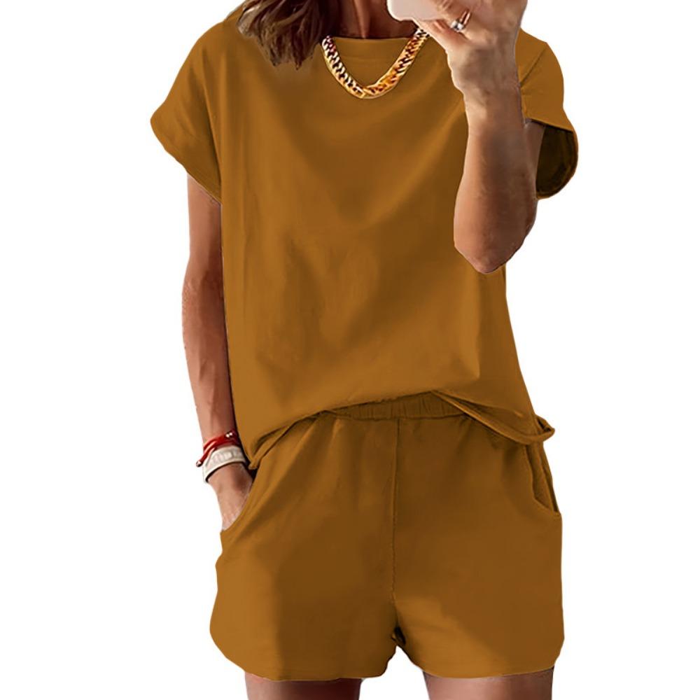 

Women s O-neck Comfortable Top Elastic Waist Pocket Loose Shorts Two-piece Set 2026 Summer New Fashion Solid Color Shorts Set XL