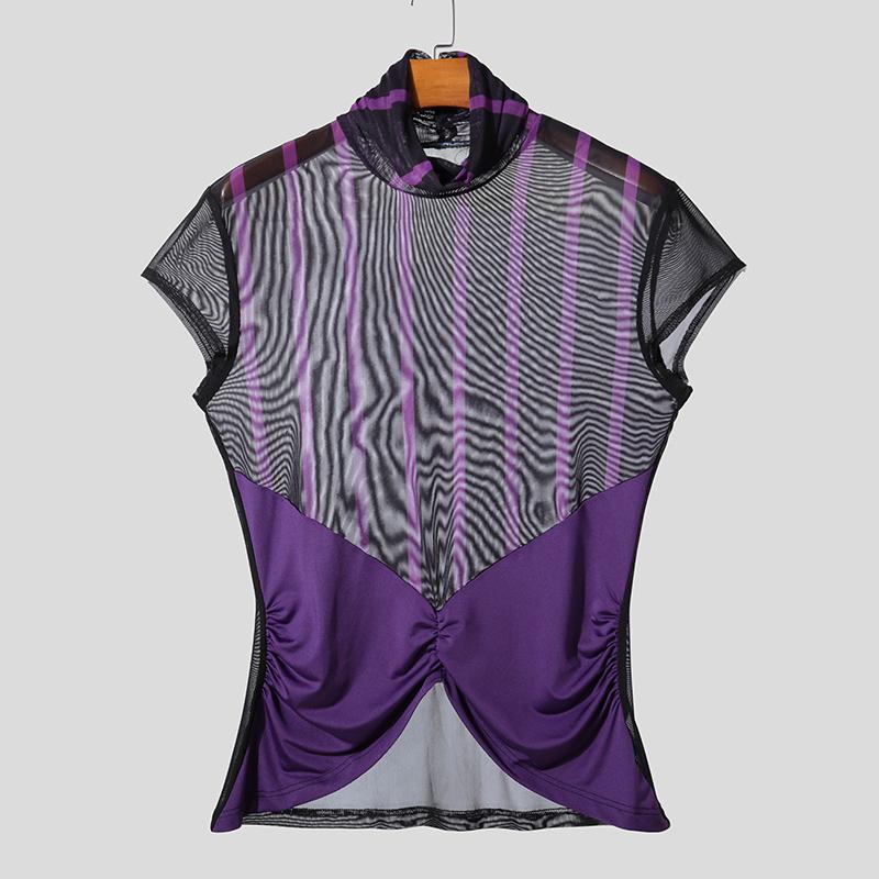 INCERUN Men High Neck Striped Mesh Sheer Stitching Irregular Party Club T-shirts Tops