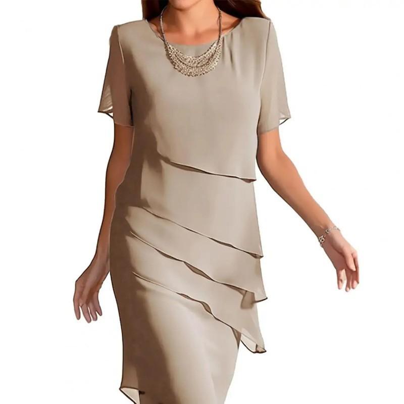 2026 Amazon Independent Station New Summer Slim Dress Splicing Chiffon Crew Neck Short Sleeve Dress Women