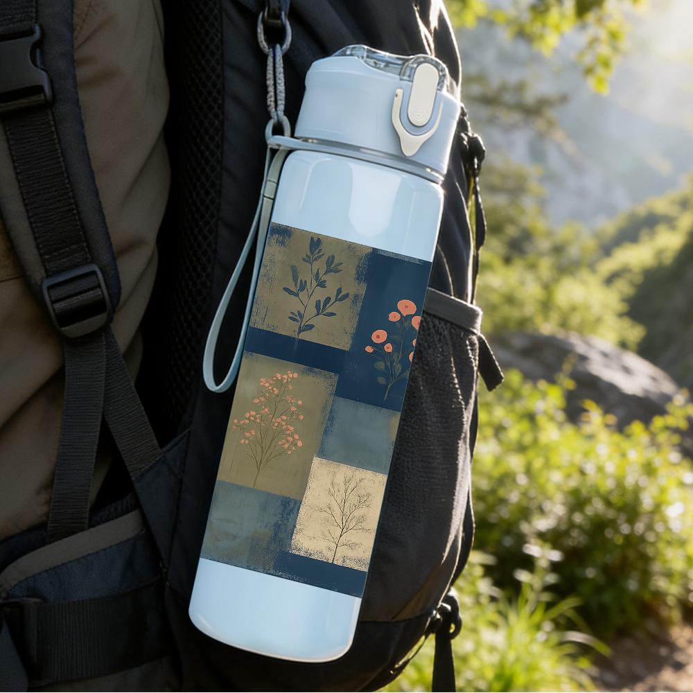 1PC Patchwork Square Fabric Texture 750ml Color Plastic Sports Water Bottle Leakproof Flip Straw Lid Suitable for Sports Office Home Use