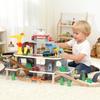 79 Piece Wooden Train Set, Kids Train Track Mine Themed with Crane, Helicopter