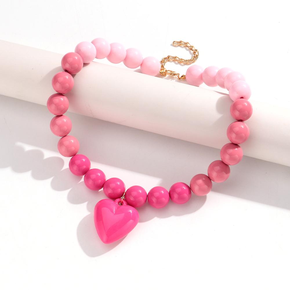 New Colorful Acrylic Heart Pendant Necklace for Women Summer Trendy Handmade Round Beads Y2K Choker Statement Jewelry Gift