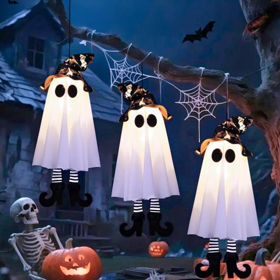 Halloween Hanging Ghosts with Witch Hat Glowing Ghost Witch Hat Lights Creepy Garden Yard Party Decorations