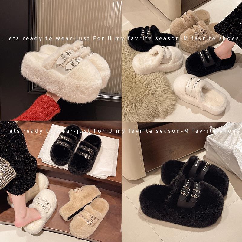 New bag head hair slippers women's cm thick-soled warm hair shoes comfortable home flat-soled hair slippers