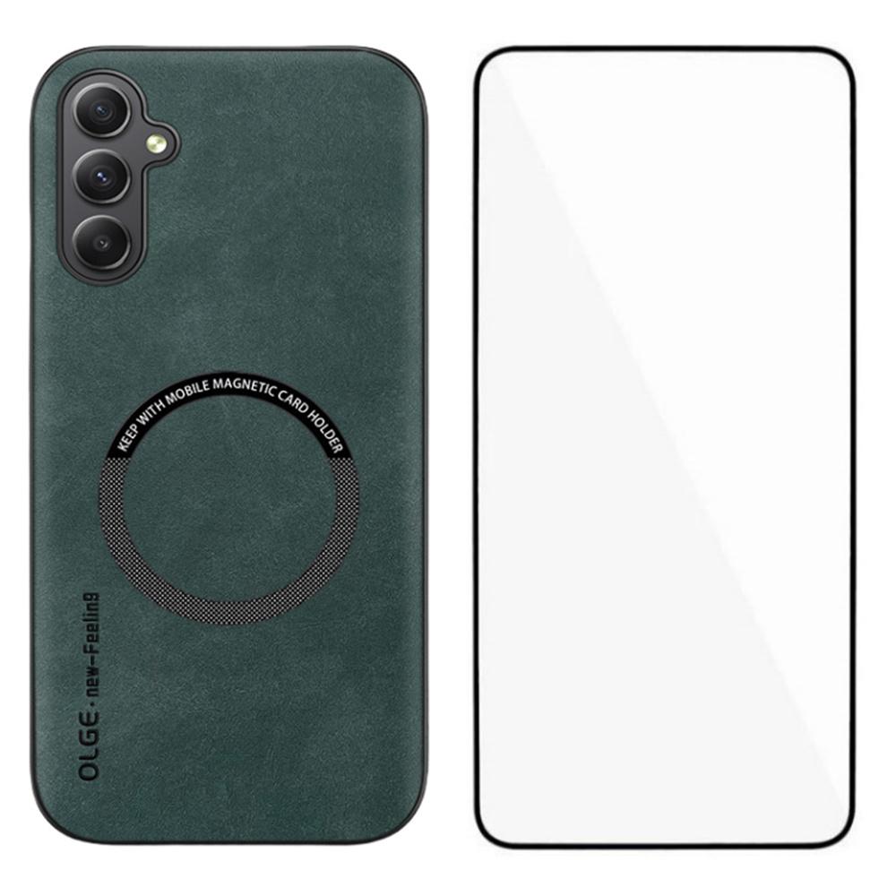WANLONFENG YBP Series For Samsung Galaxy A35 5G Magnetic Case with Tempered Glass Film PU+TPU Phone Cover Large Cutout