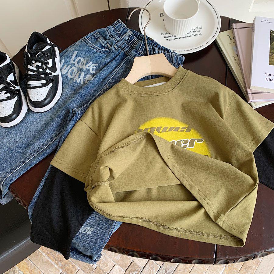 Boys' 2025 Spring New Stylish Two-Piece Look T-Shirt - Korean Letter Print Pullover
