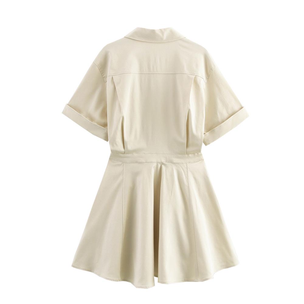 2025 Spring Women's Slim Lapel Short-Sleeve Wide-Hem Dress