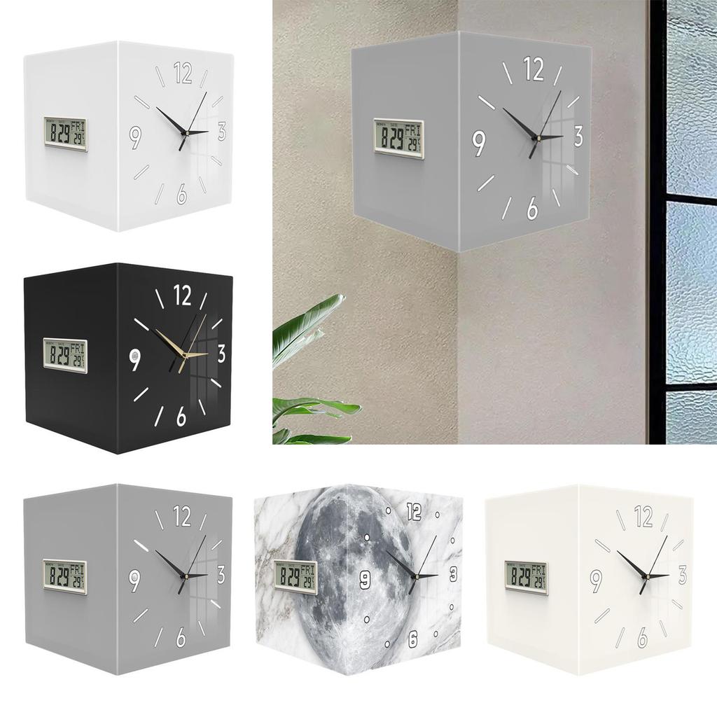 Corner Wall Clock Modern, Temperature Display, Month Date Week Display, Decorative Clock for Living Room Dining Room Home Decor