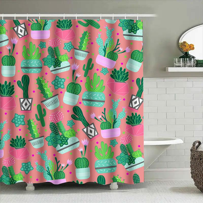 Vibrant Cactus Prints Shower Curtain Cute Bathroom Decor For Girls Women Pink With Greenery Pattern Made From Environmentally Fr
