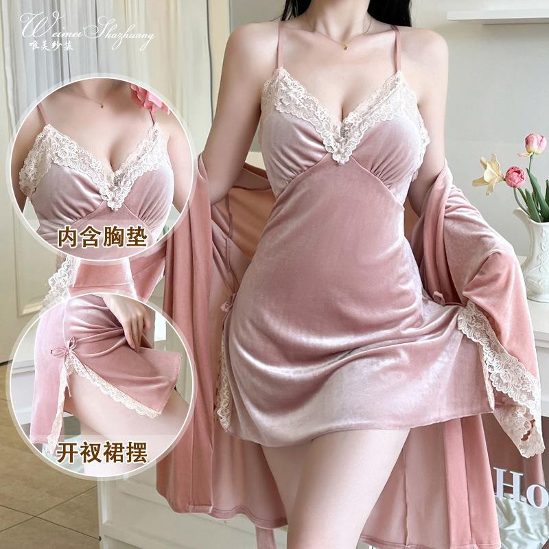 Sexy female autumn and winter new velvet slit suspender pure desire suspender nightgown set