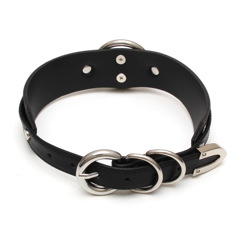 Choker Ring Collar PU Leather Black Silver [lalatia] Women's (Black & + Leash)
