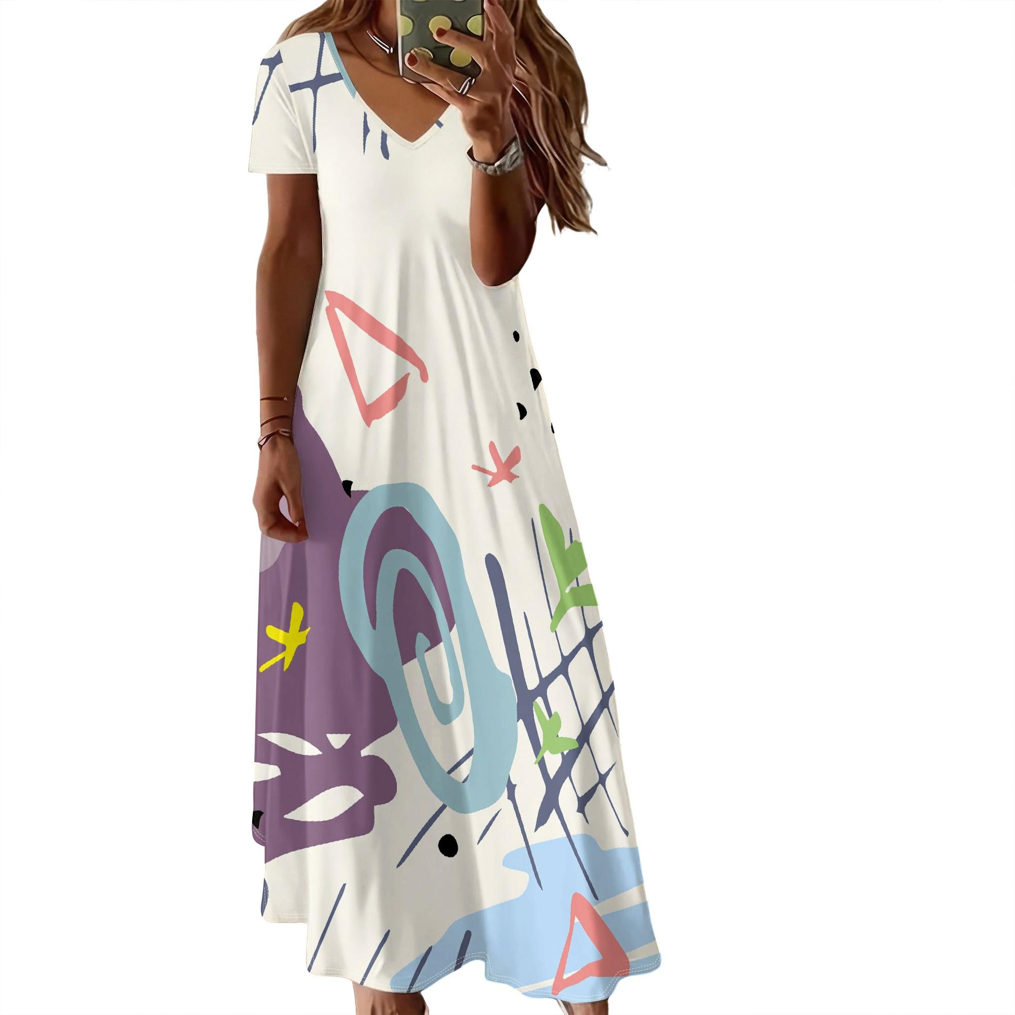 

Summer Women s Short Sleeved V-neck Long Dress, 3D Fashionable Printed Pattern dress, Casual Vacation Style. 6XL