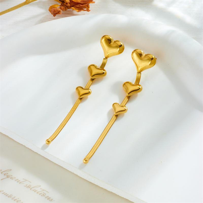 Gold Triple Heart Snake Chain Drop Earrings