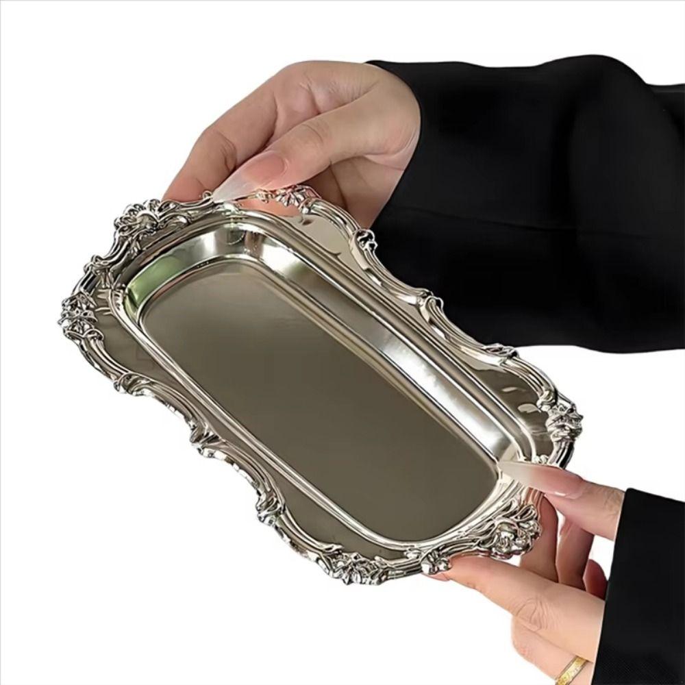 European Style Vintage Embossed Tray Gold/Silver Jewelry Decoration Plate Cafe Cake Dish