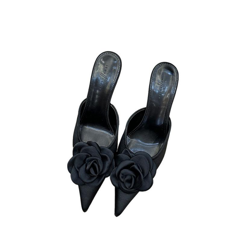 Pointed Beautiful High Heels Women's 2025 New Summer and Summer High-end Rose Satin Thin Heel Bag Head Half Slippers Sandals