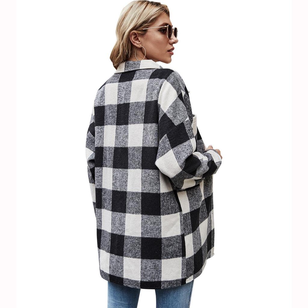 Women's Plaid Turn-Down Collar Loose Casual Jacket - European & American Autumn/Winter Fashion