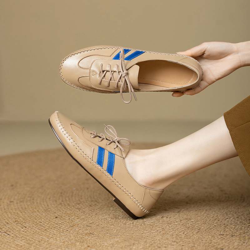 Krazing Pot Cow Skin Round Toe Size 43 Flat with Fashion Lace Up Leisure Handmade Comfortable Light Autumn Sneakers