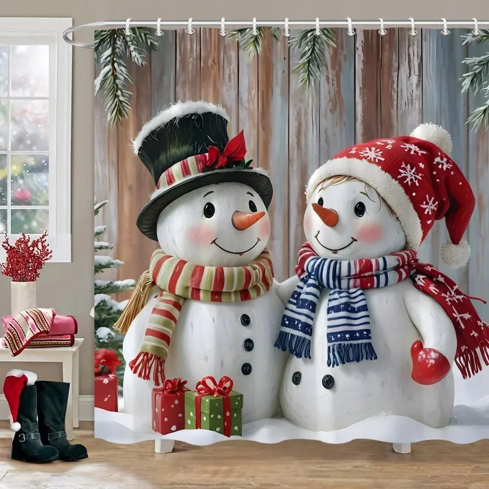 Christmas Snowman Shower Curtain Christmas Tree Winter Snow Christmas Gift Polyester Shower Curtains Bathroom Decor with Hooks