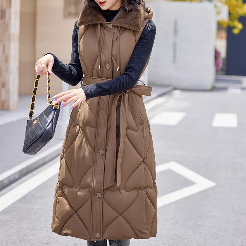 Fashion Winter Coat Female Warm Long Vest Hooded Elegant Fur Collar Thick Sleeveless Parka