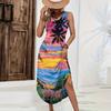 Women Sleeveless Casual Loose Fit Long Dress Tropical Floral Print Summer Beach Maxi Dress with Side Slit