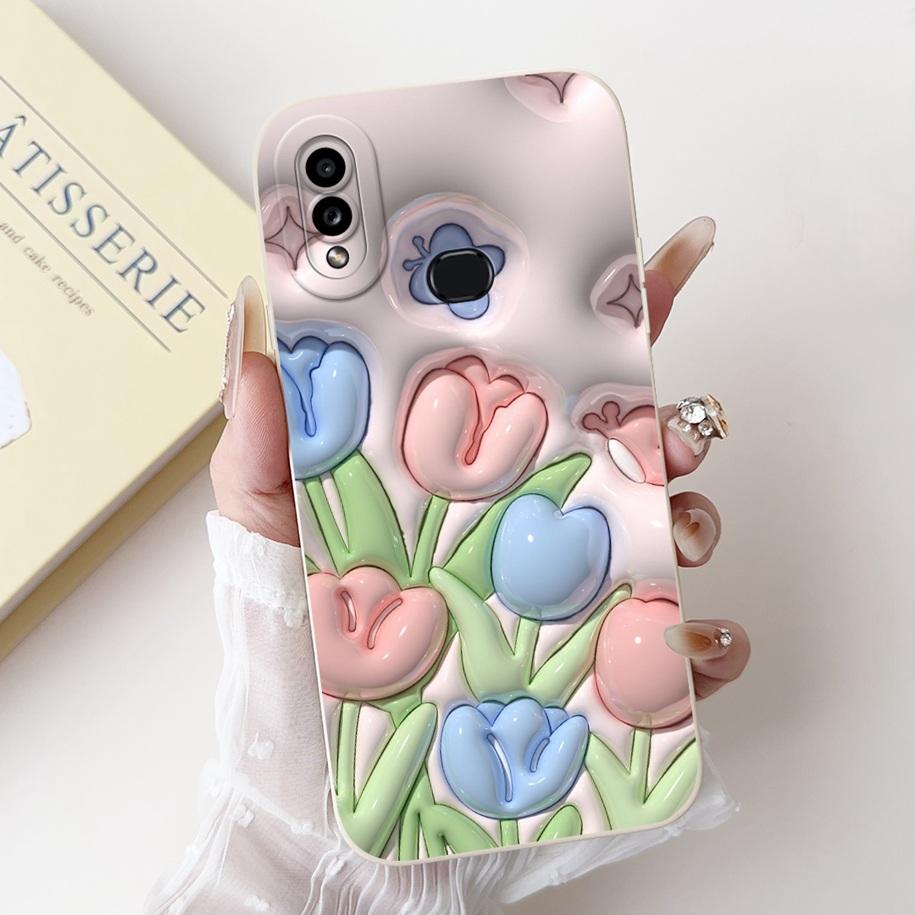 For Samsung Galaxy A10 A10S M01S Phone Case Fashion Flower Back Cover Liquid Silicone Protector on Samsung A 10 Shockproof Funda