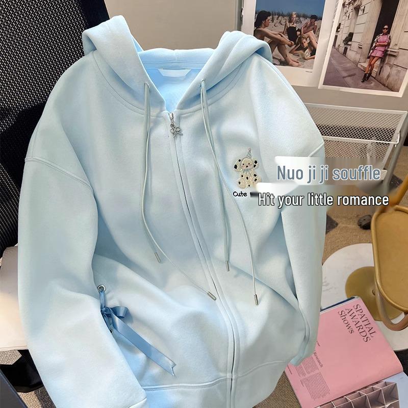 

Женское милое голубое худи на молнии с длинным рукавом - Маленький размер, Осенняя коллекция 2024 M