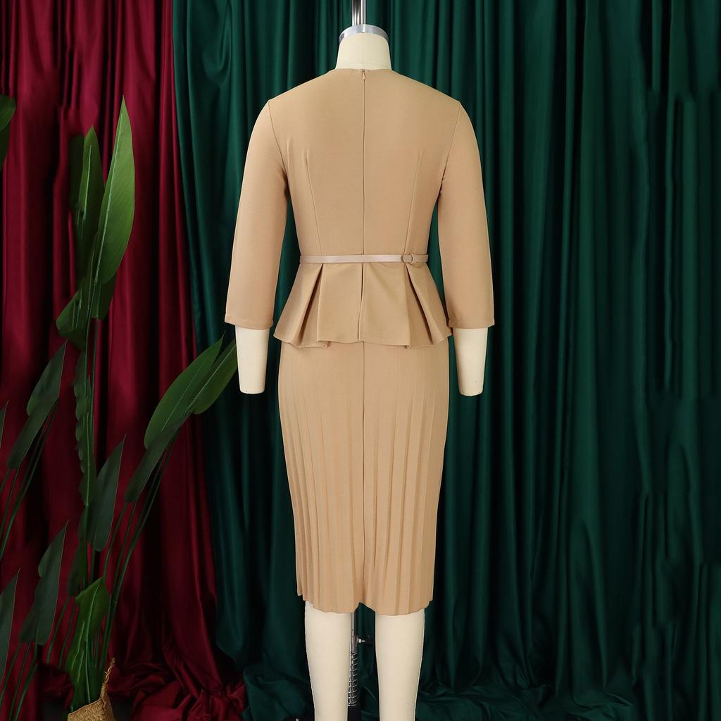 Elegantes Büro-Damenkleid Neuer V-Ausschnitt Dreiviertelärmel Gürtel in der Taille Wadenlang Formelles Business-Arbeitskleid